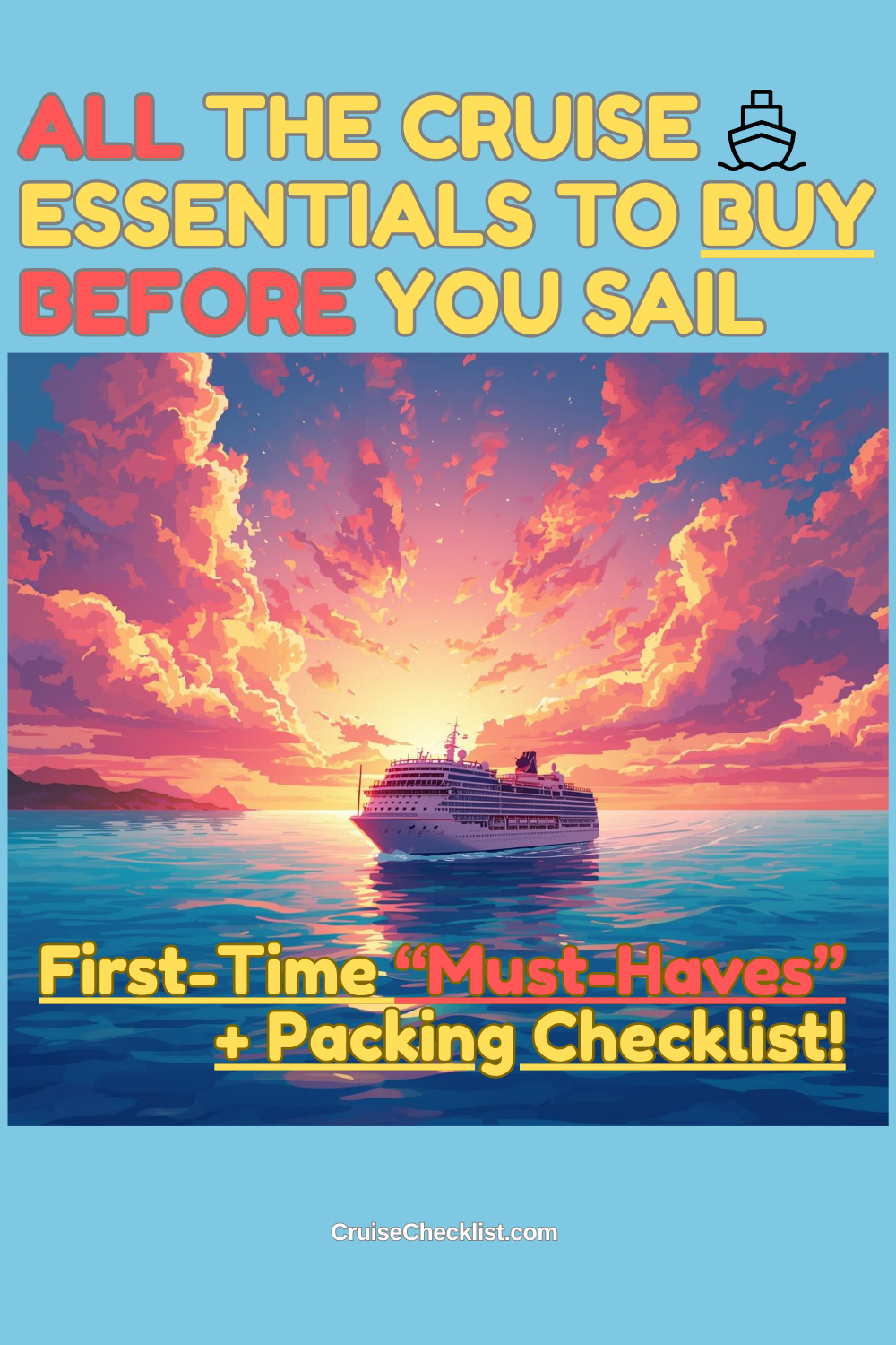 Cruise essentials checklist for first-time cruisers Pinterest image