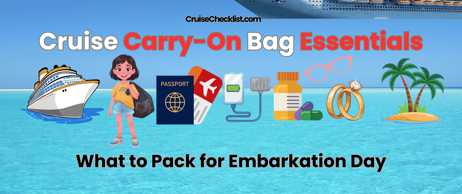 Cruise carry-on bag essentials for embarkation day with travel documents and cruise items