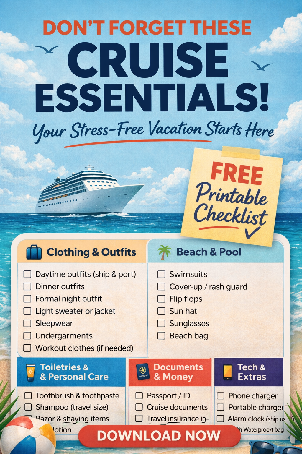 Cruise packing checklist printable with clothing toiletries documents and essentials